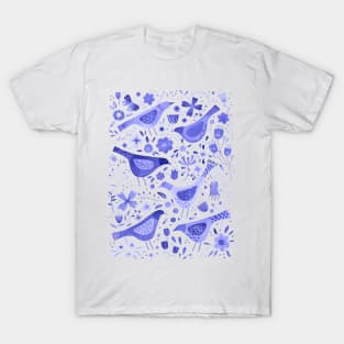 Blue Watercolor Birds in a Flower Garden T-Shirt